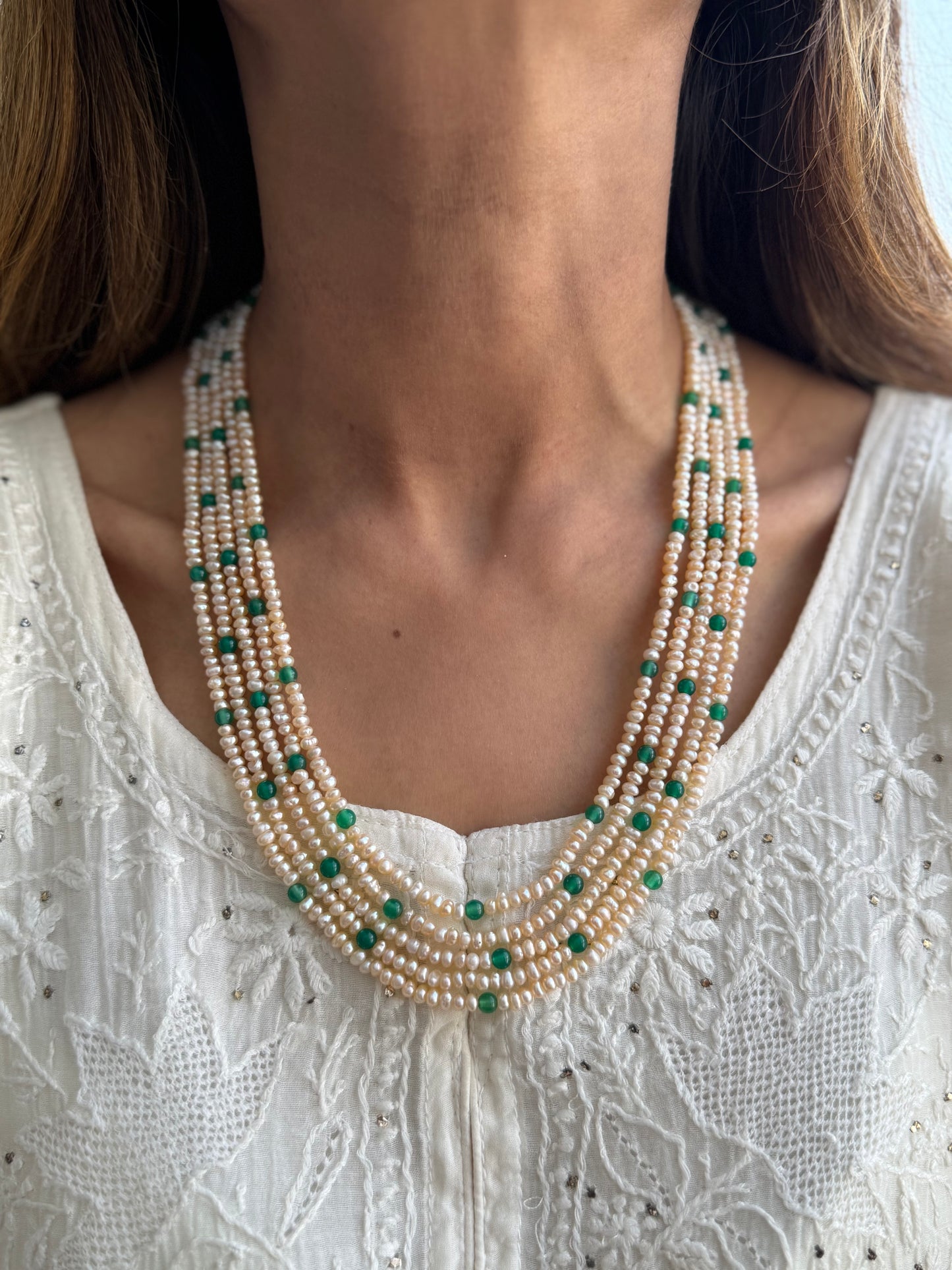 Gold Plated Real Pearl Emerald Mala