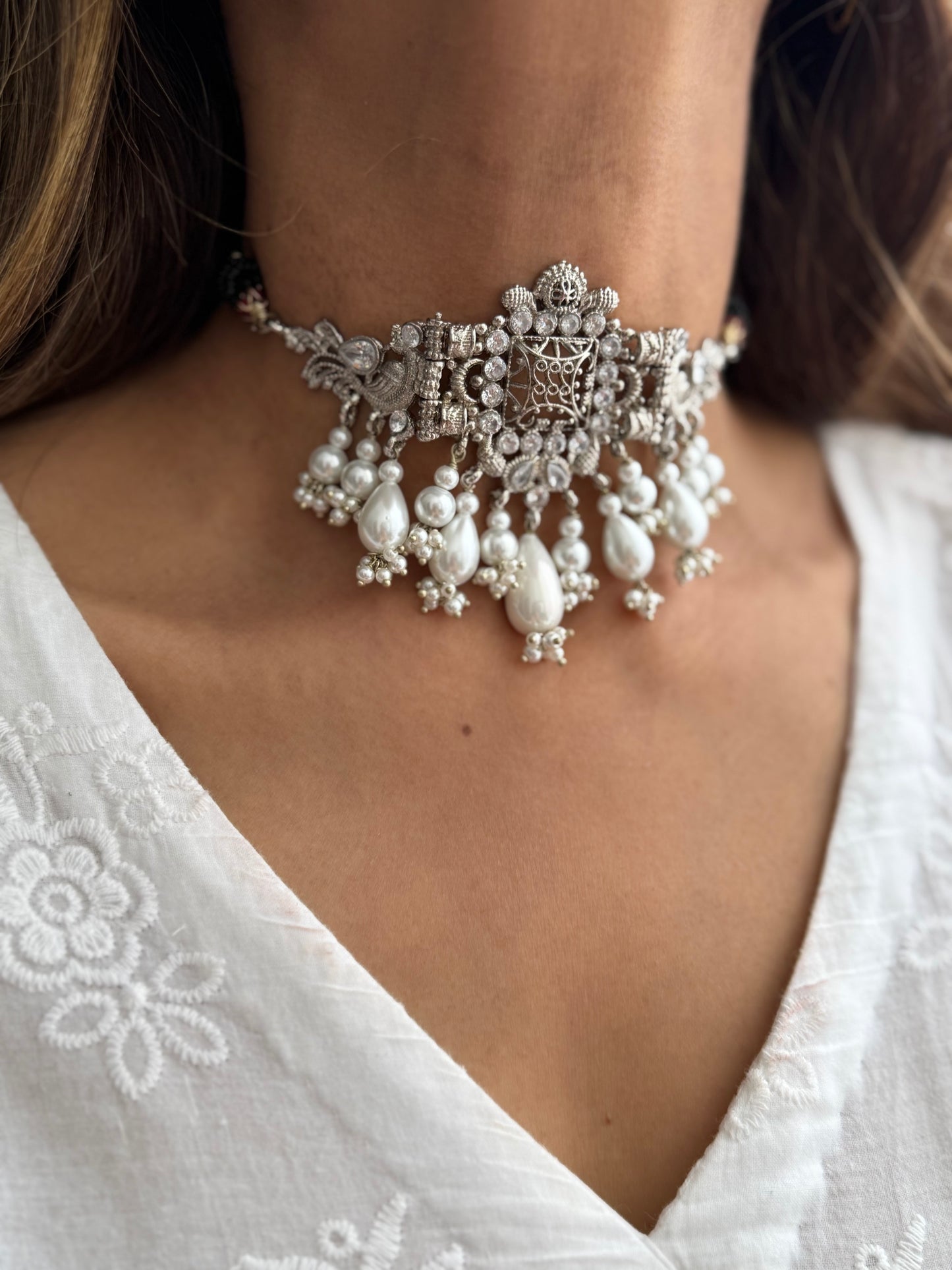 Silver and Pearl Peacock choker