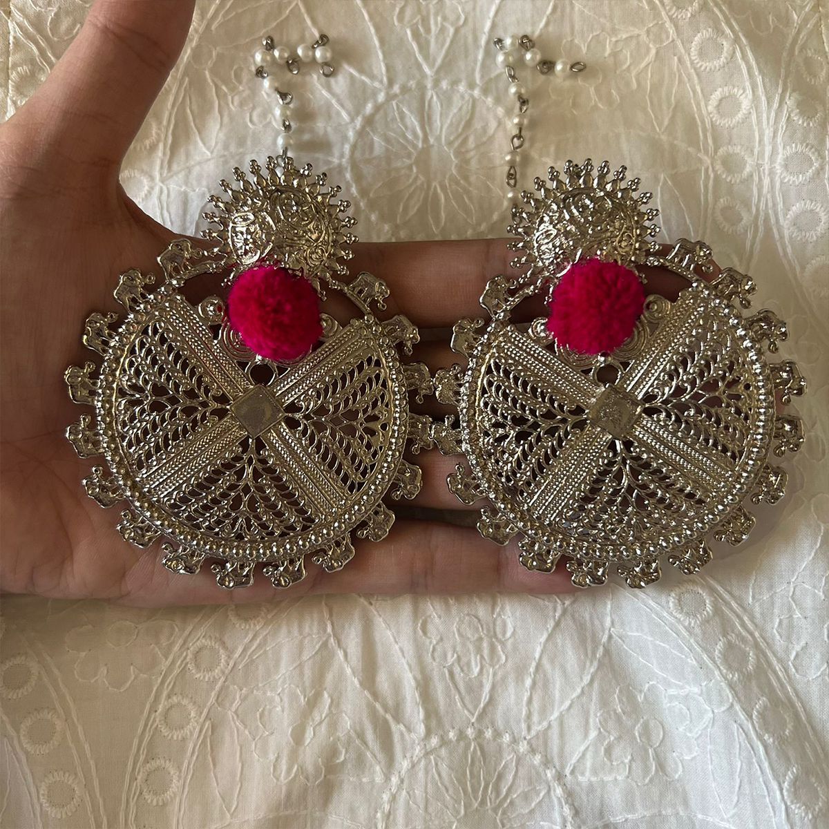 Elephant Tribal oversized Earrings with POM POM