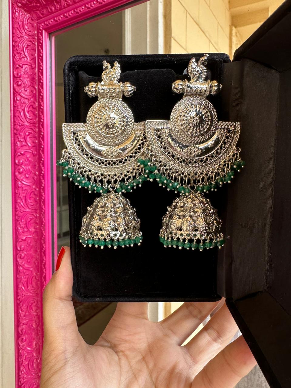 Emerald Swan Silver Jhumke