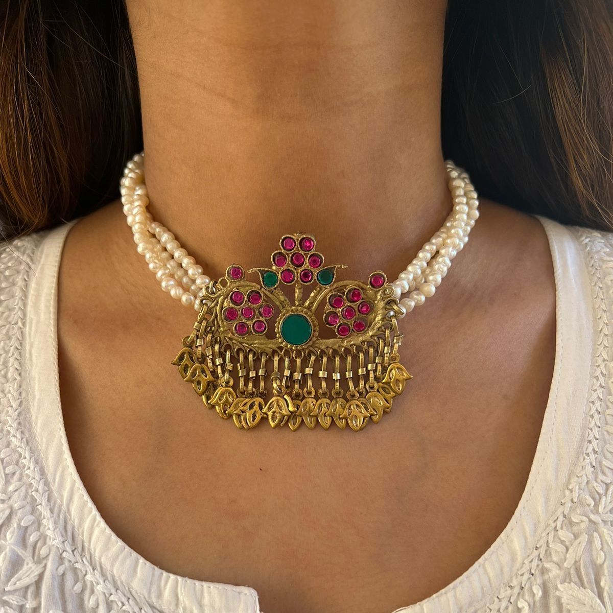 Real Pearl Teen Phool Afghan Choker