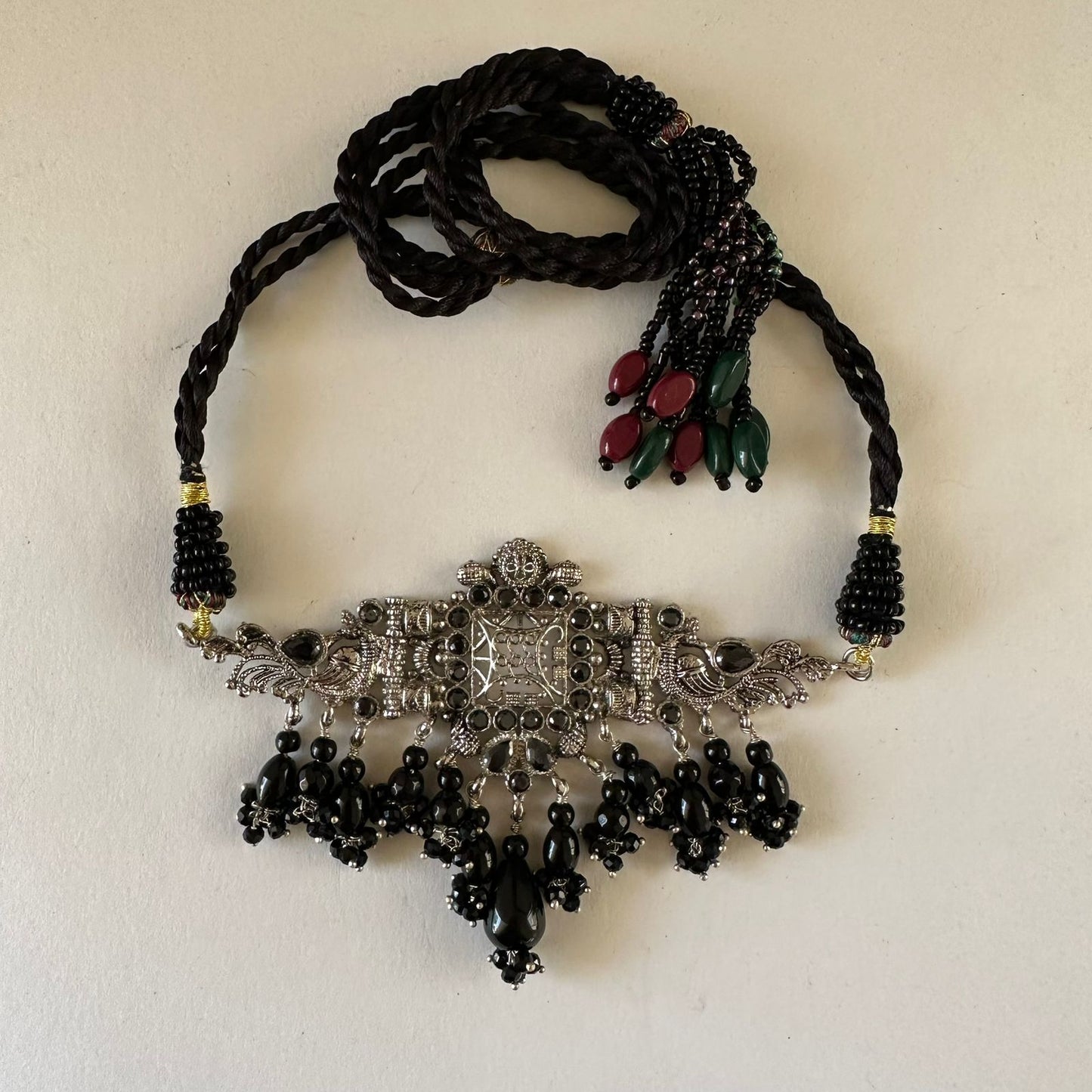 Antique Silver Peacock Choker- Black Aqeeq