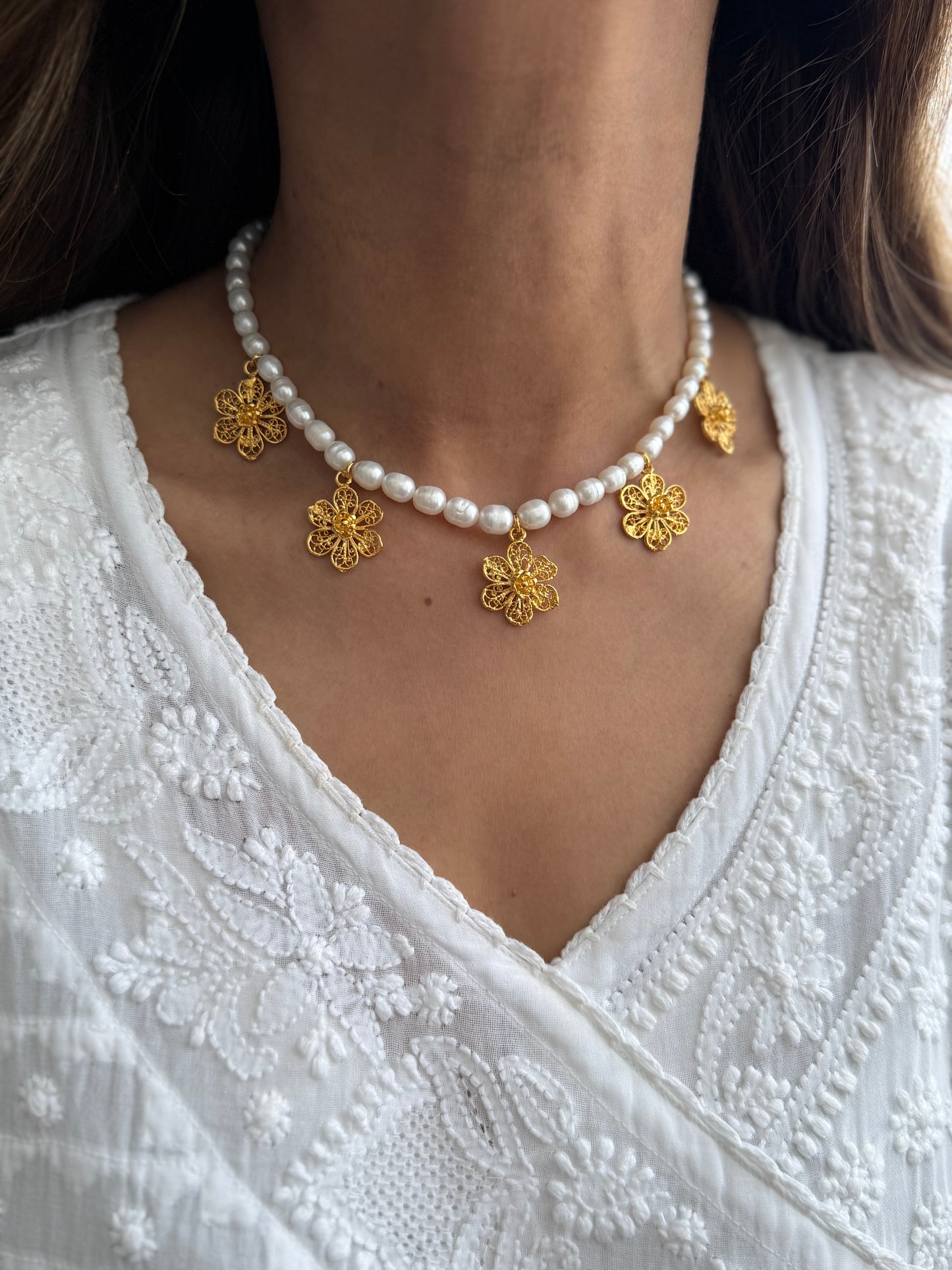 Real Fresh Water Pearl & Gold Plated Filigree Choker