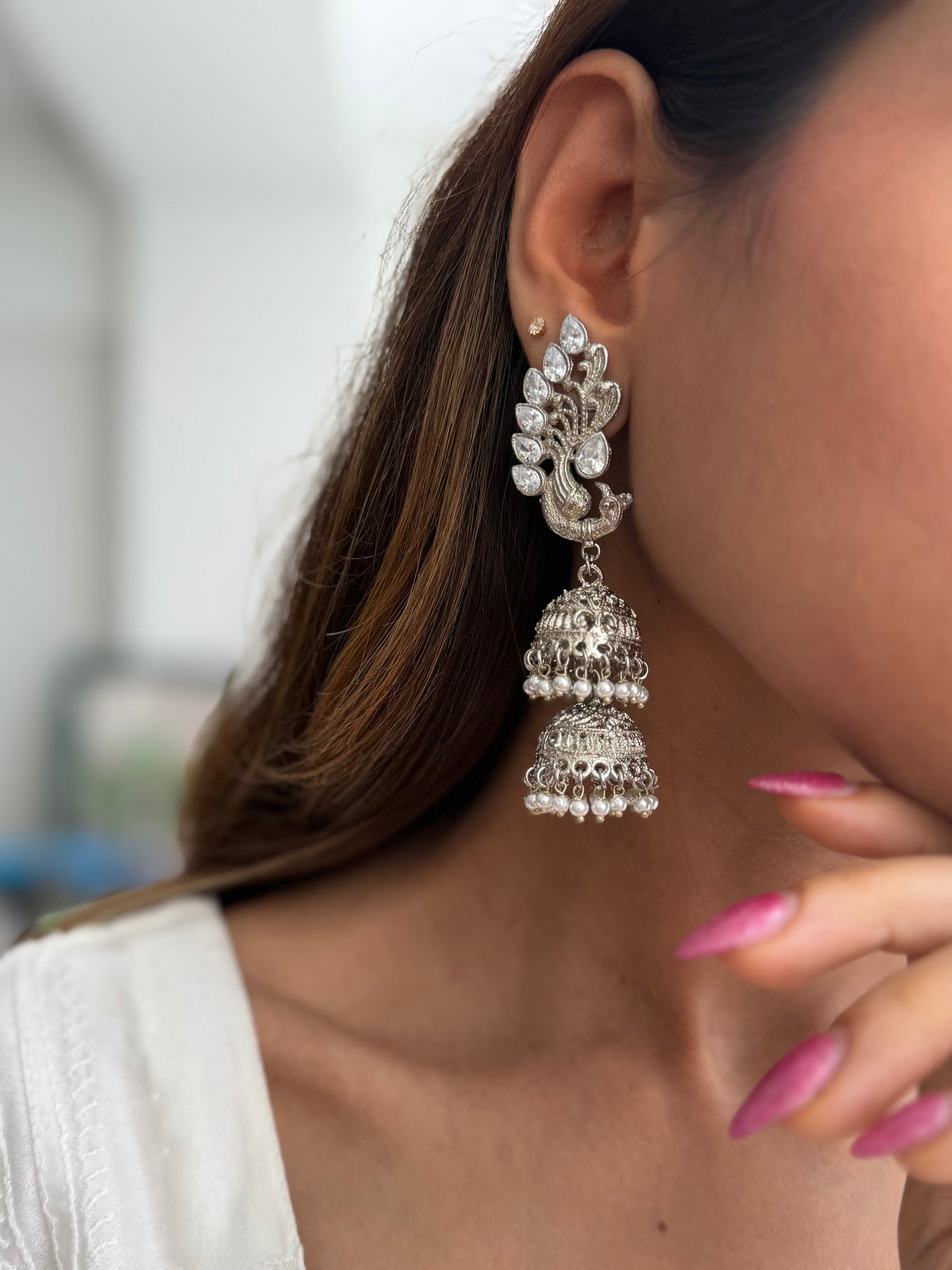 Silver Plated Peacock Jhumke