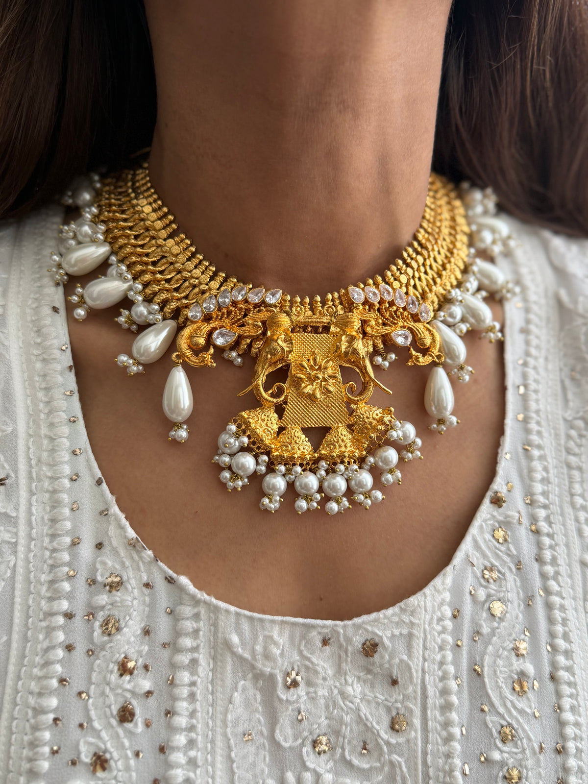 Gold Plated Elephant and Pearl Choker