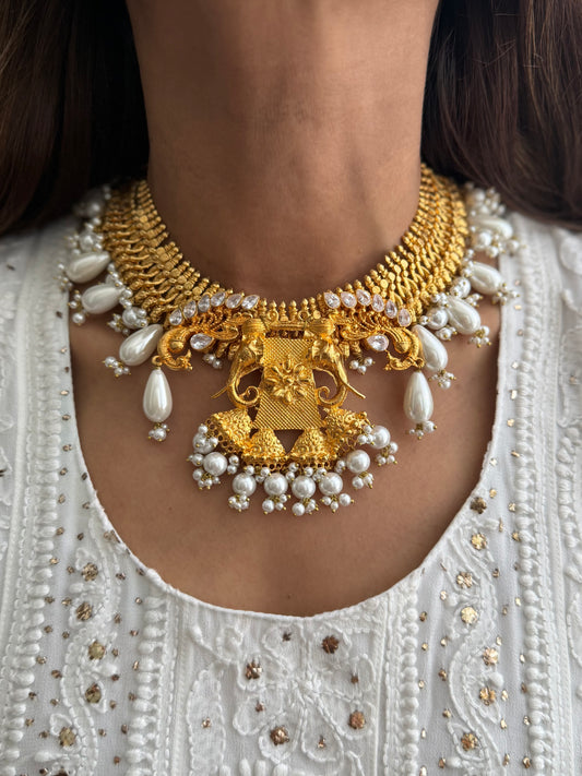Gold Plated Elephant and Pearl Choker