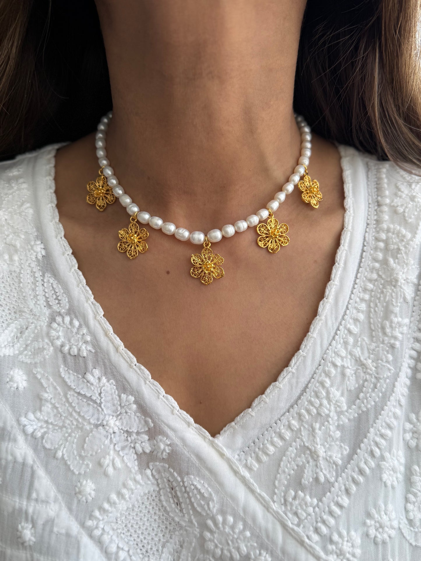 Real Fresh Water Pearl & Gold Plated Filigree Choker