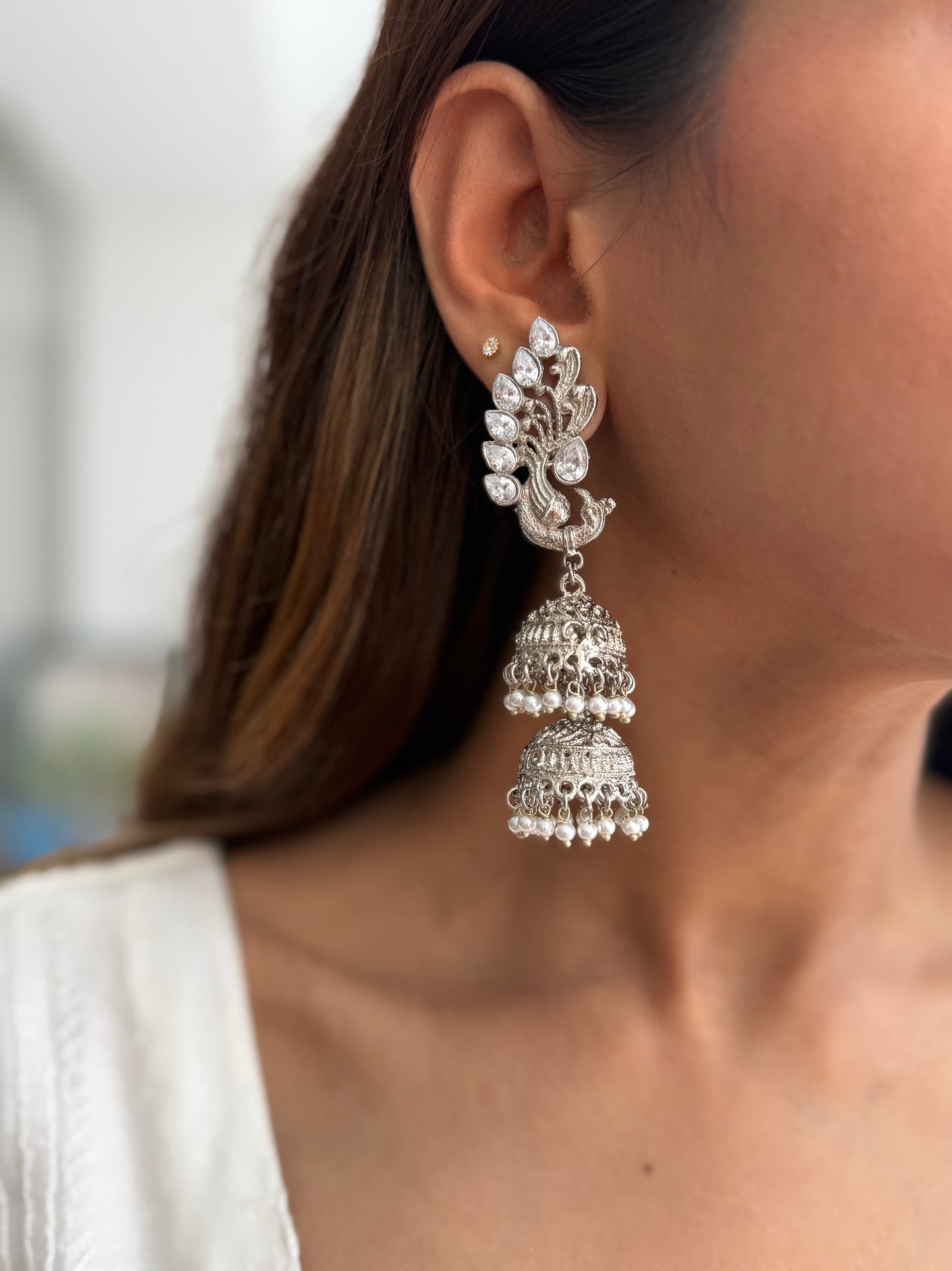 Silver Plated Peacock Jhumke
