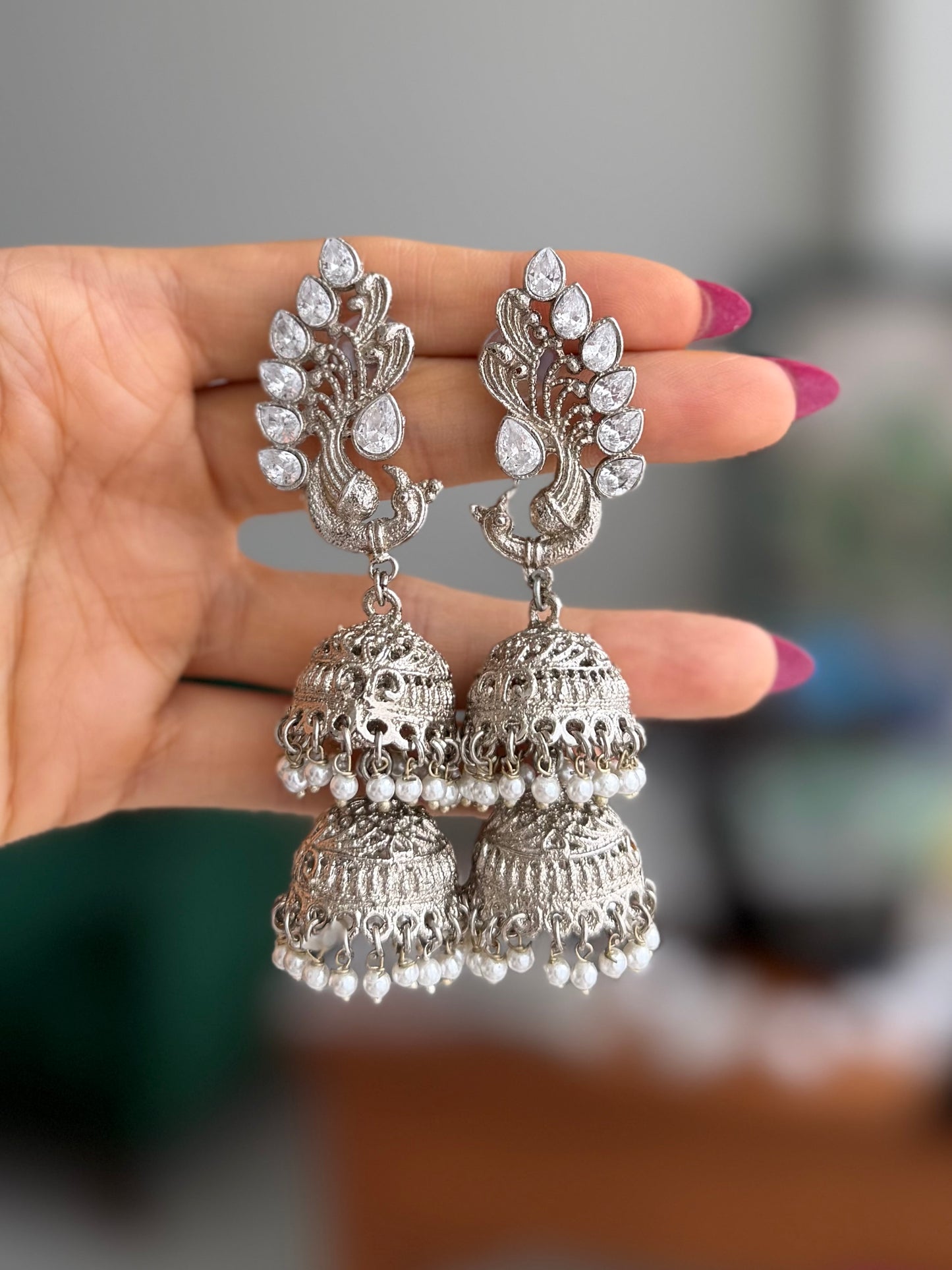 Silver Plated Peacock Jhumke