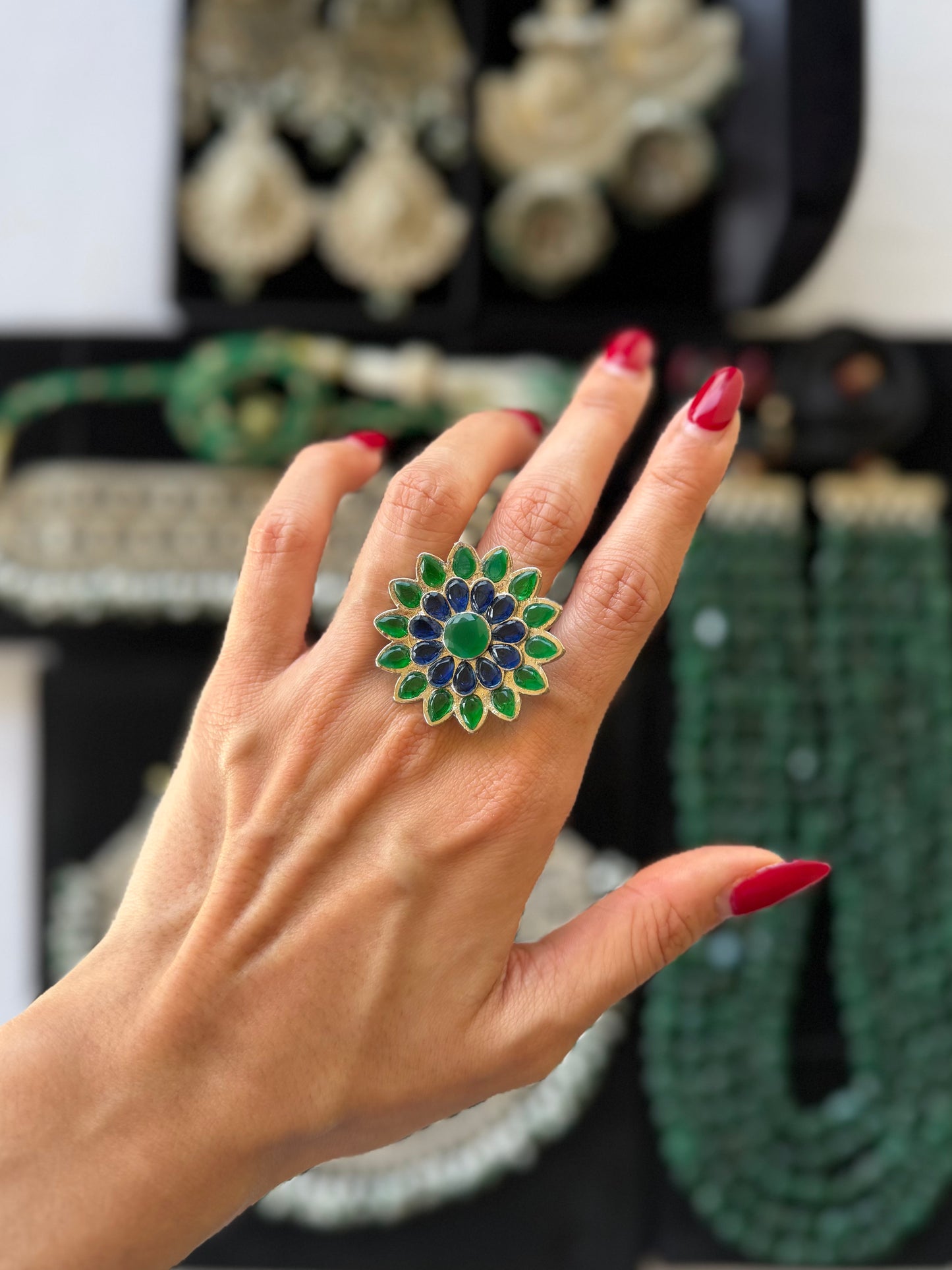 Green Onyx and Blue Sapphire Ring