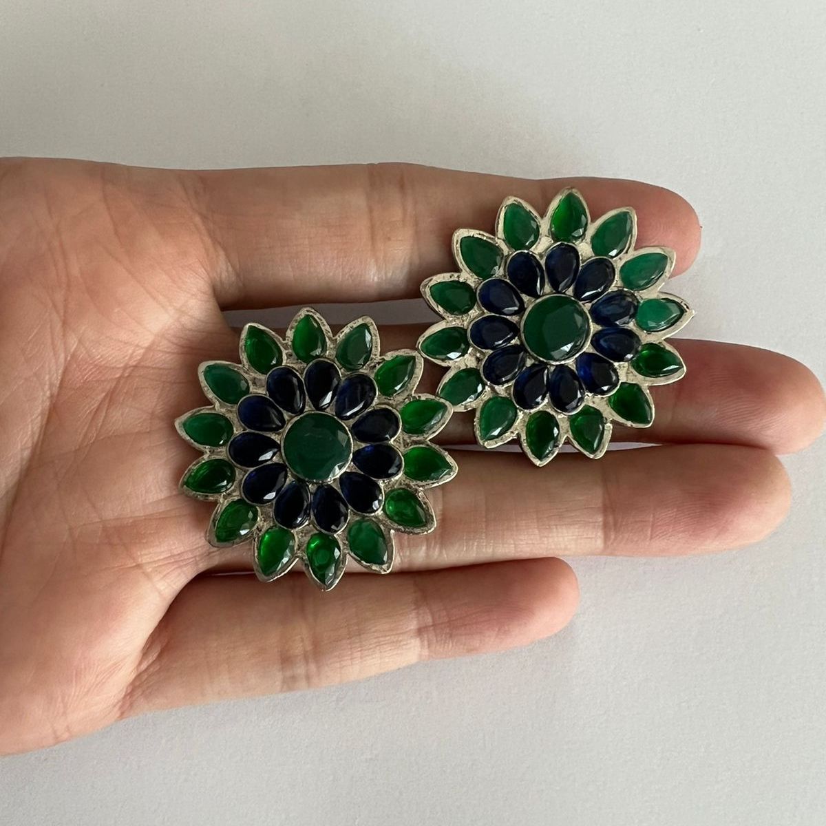 Green Onyx and Blue Sapphire Floral Studs