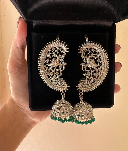 Peacock on flowers Silver Emerald Earcuff