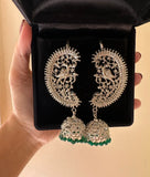 Peacock on flowers Silver Emerald Earcuff
