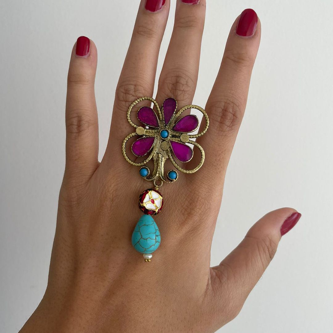 Floral Purple & Turquoise Adjustable Ring