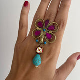 Floral Purple & Turquoise Adjustable Ring