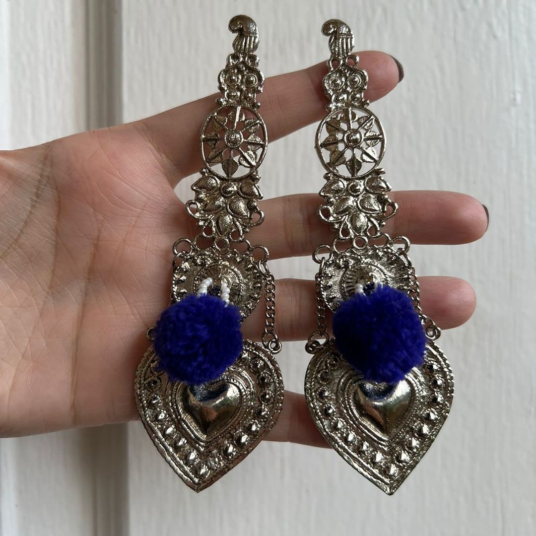 Pan & Paisley Earcuff Earrings with Blue Pom Pom