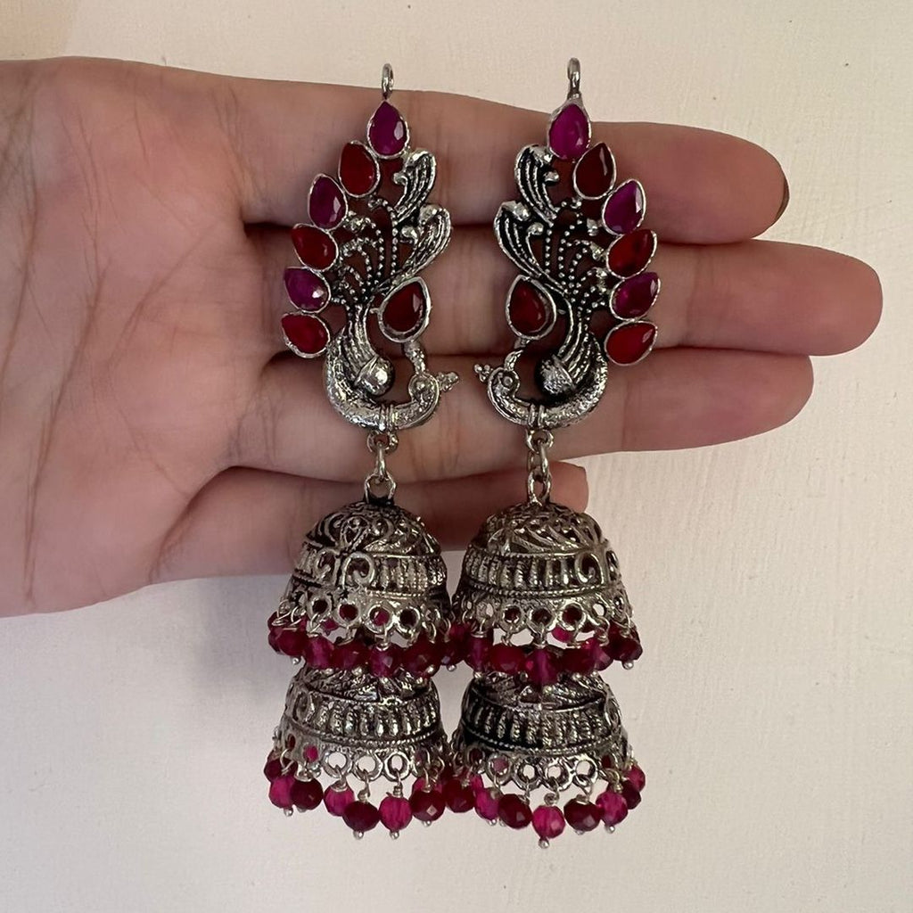 Pure Silver Antique Three Parrot Jhumki With Pearls