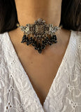 Antique Silver Peacock Choker- Black Aqeeq