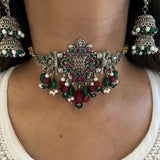 Antique Silver Peacock Choker & jhumka SET